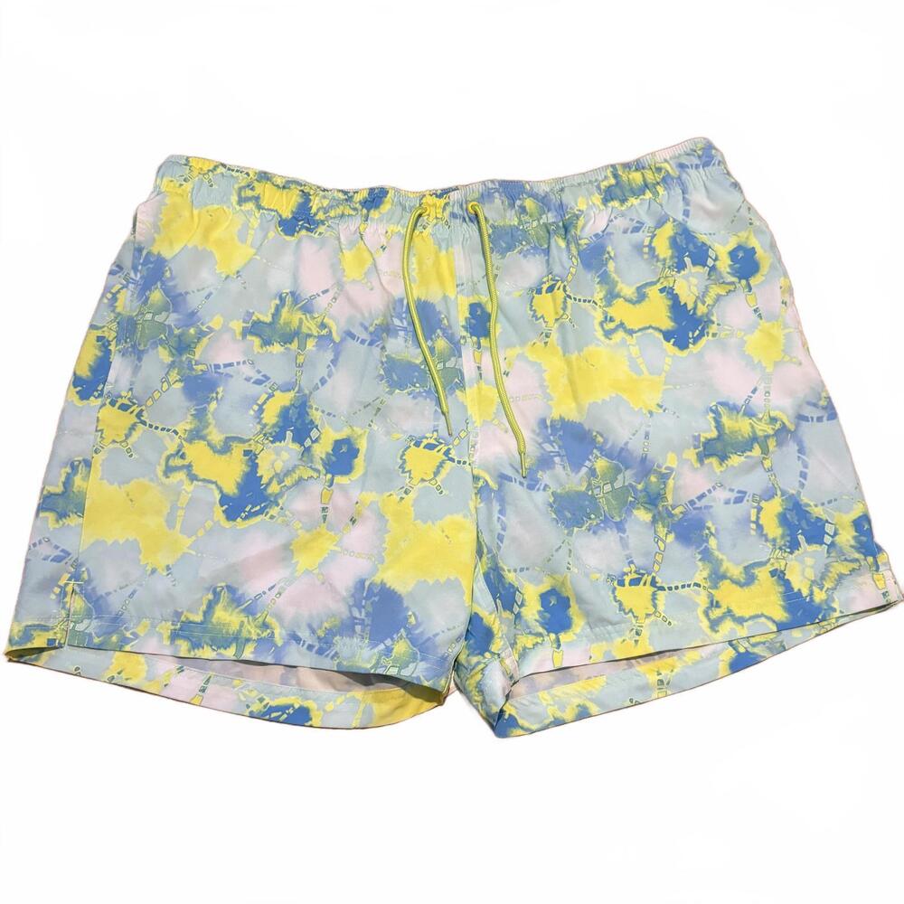 George 2XL swim trunks abstract blue‎ yellow quick-dry mesh lined drawstring